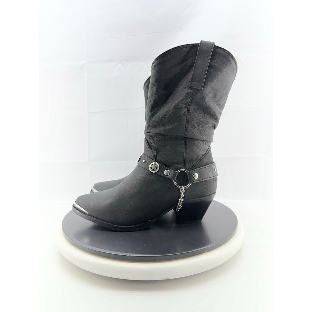 Dingo Olivia Womens Sz 8M Pigskin Leather Black Slouch Boots Concho Strap‎ DI522